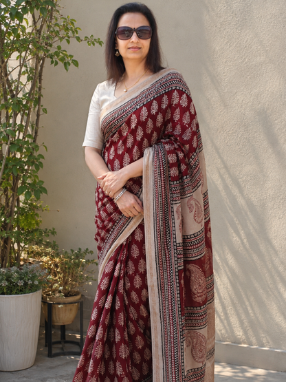Red Bagh Print Maheshwari Saree