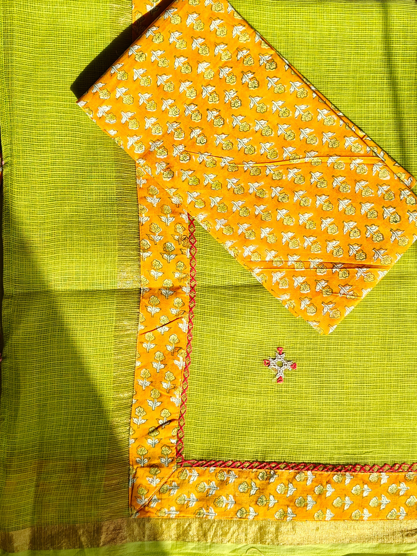 Lime Green Kota Patchwork Hand Embroidered Saree