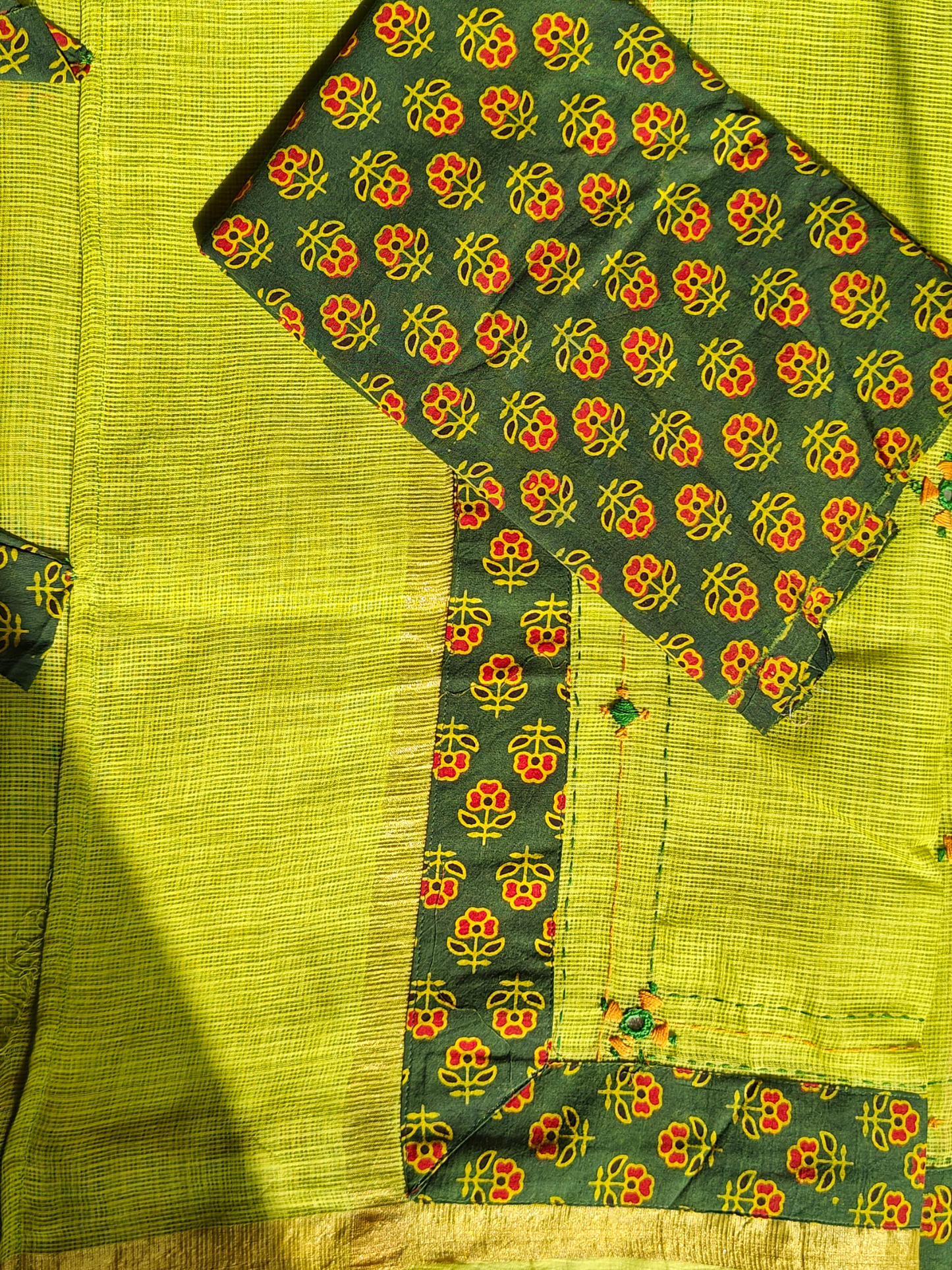 Lime Green Kota Patchwork Hand Embroidered Saree