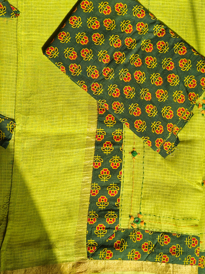 Lime Green Kota Patchwork Hand Embroidered Saree