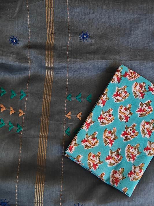Ash-Grey Silk-Cotton Chanderi Hand-Embroidered Saree
