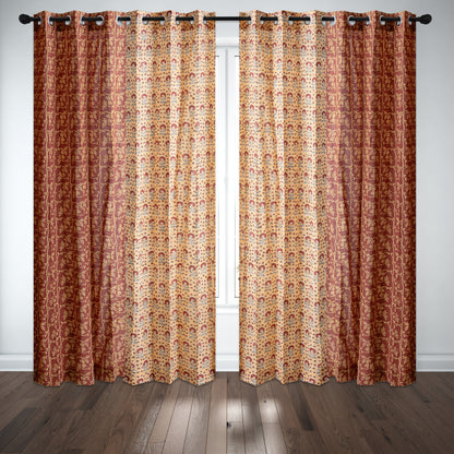 Rust Jaal with Mustard and Maroon Booti Jaal Cotton Handblock Combo (Set of 4 Curtains)