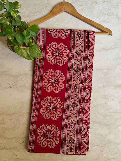 Red Ajrakh Handblock Printed Mull Cotton Saree