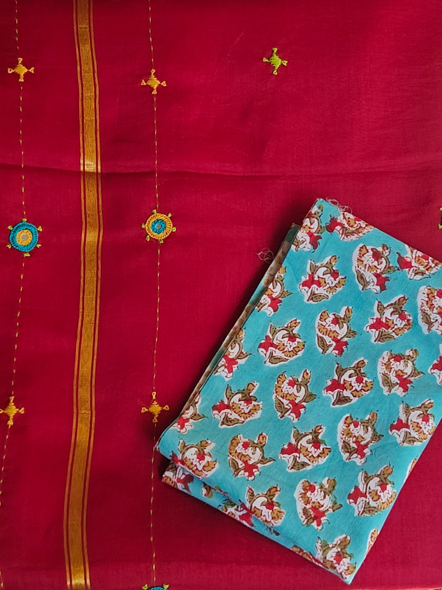 Red Silk-Cotton Chanderi Hand-Embroidered Saree