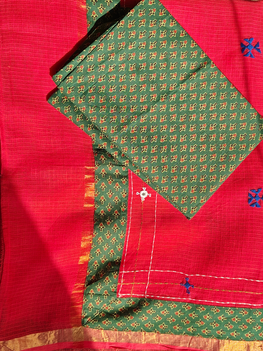 Red Kota Patchwork Hand Embroidered Saree