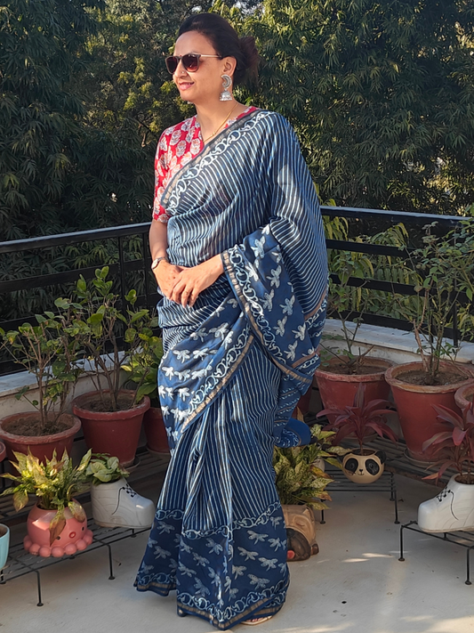 Indigo Dabu Handblock Print Chanderi Saree