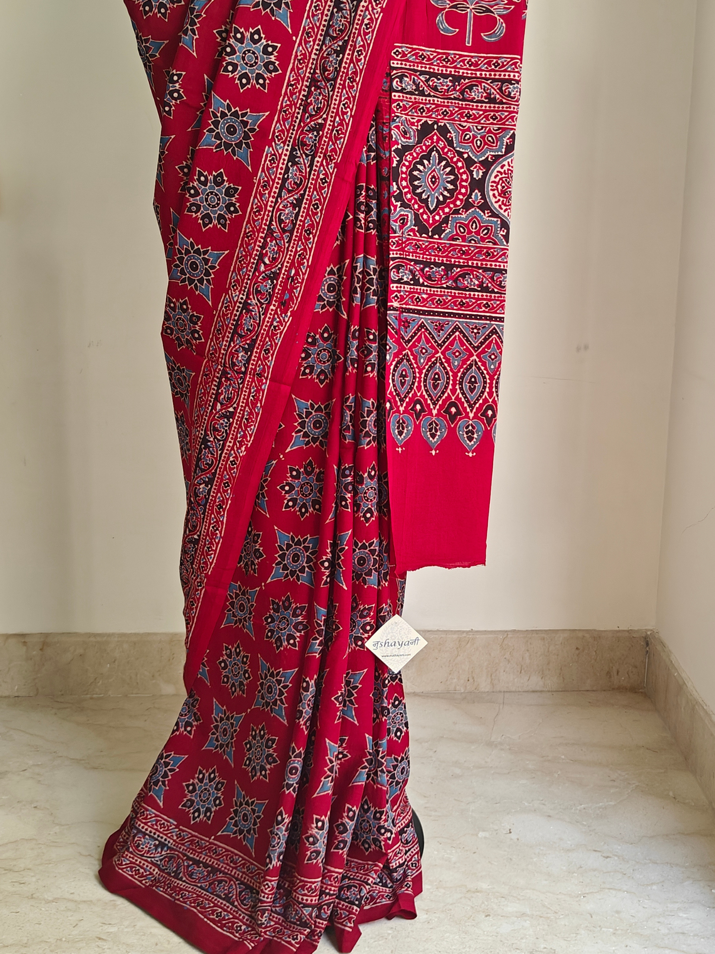 Red Ajrakh Handblock Printed Mull Cotton Saree