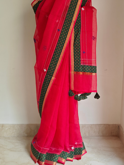 Red Kota Patchwork Hand Embroidered Saree