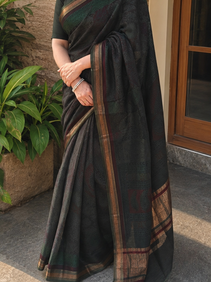 Green Bagh Print Maheshwari Saree