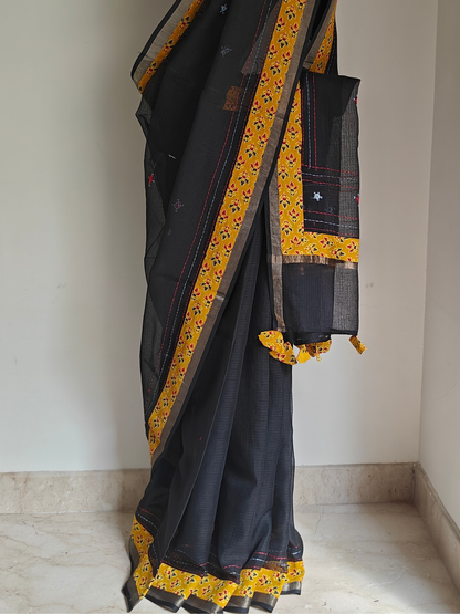 Black Kota Patchwork Hand Embroidered Saree