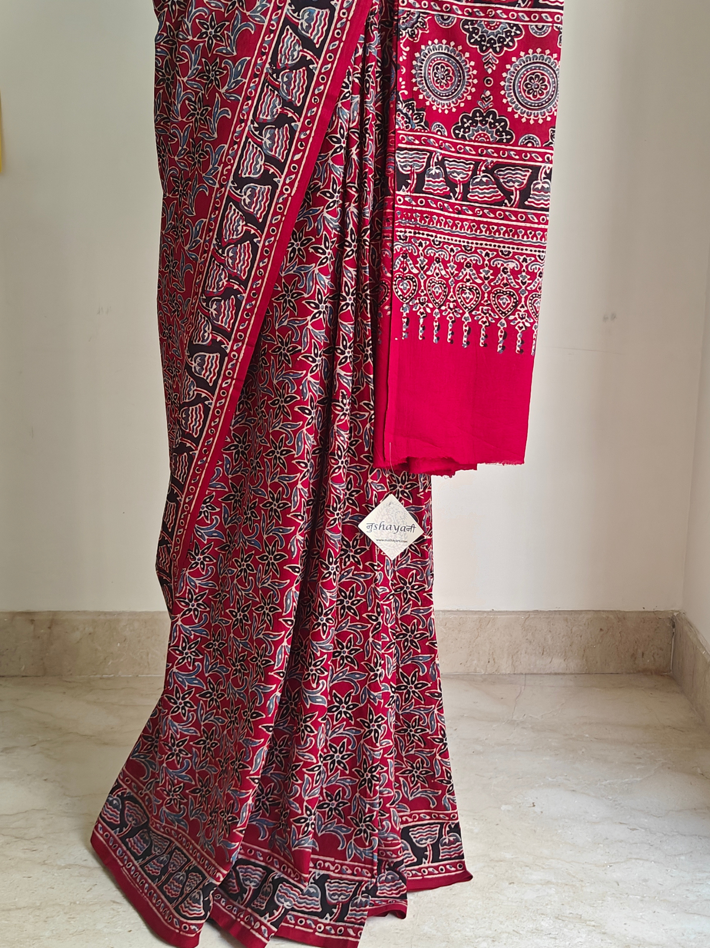 Red Ajrakh Handblock Printed Mull Cotton Saree