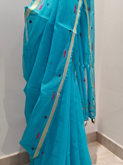 Blue Kota Cotton Hand Embroidered Saree