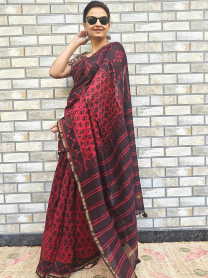 Coffee-Maroon Dabu Handblock Print Chanderi Saree