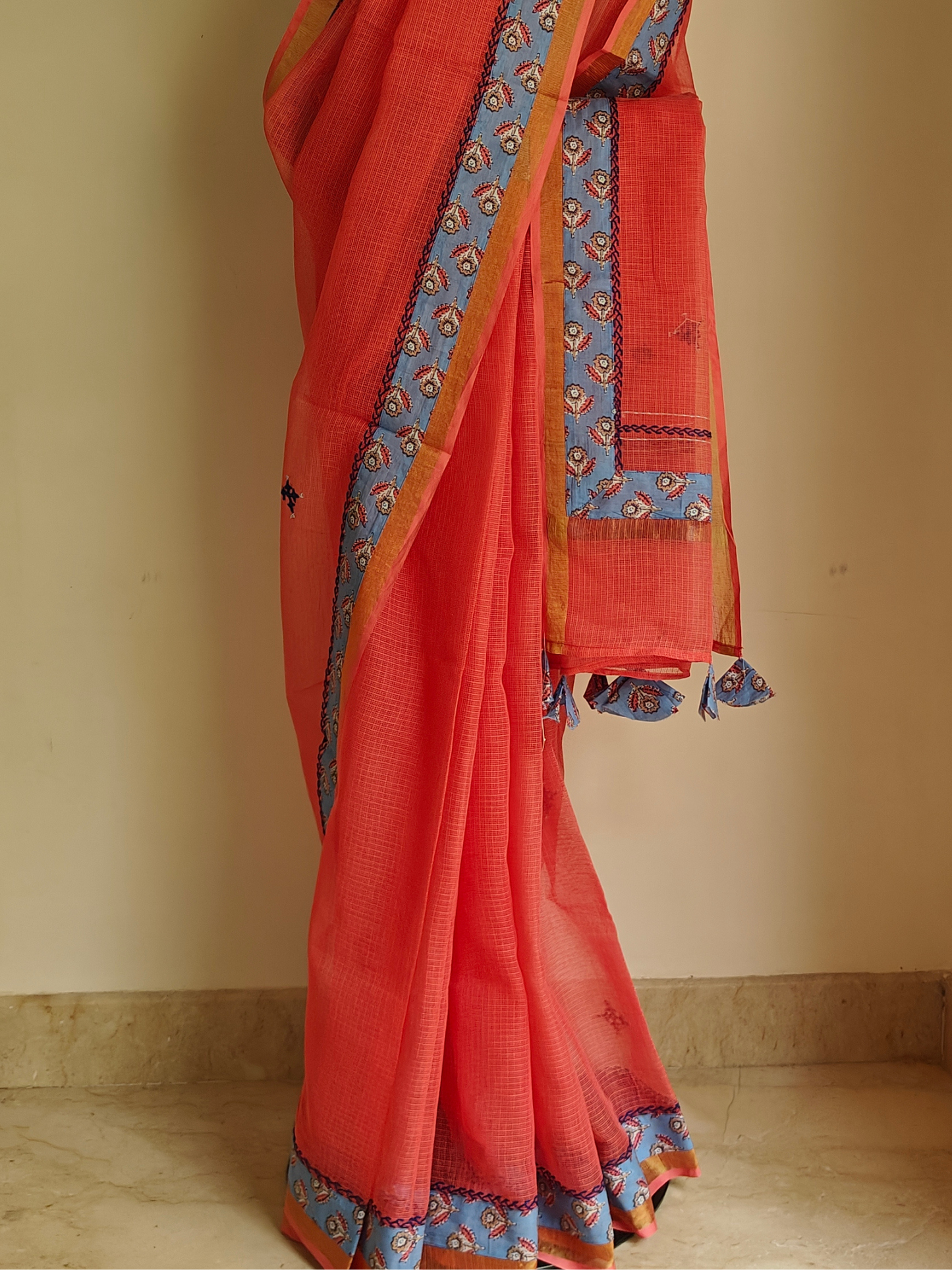 Peach Kota Patchwork hand Embroidered Saree