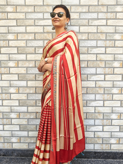 Red Striped Modal Silk Ajrakh Block Print Saree