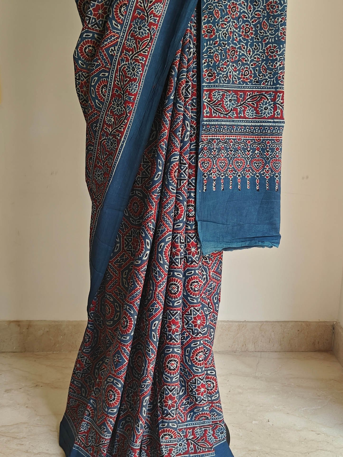 Indigo Ajrakh Handblock Printed Mull Cotton Saree