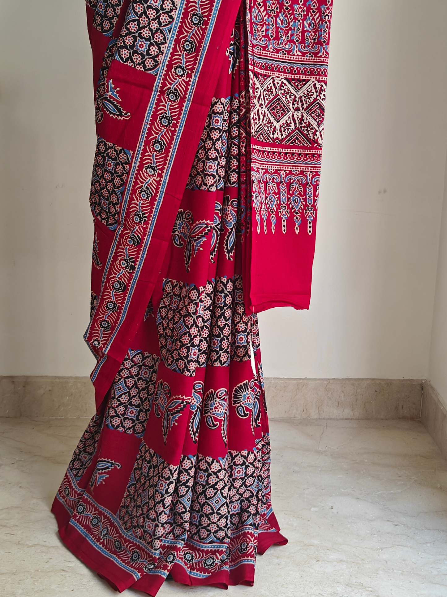 Red Ajrakh Handblock Printed Mull Cotton Saree