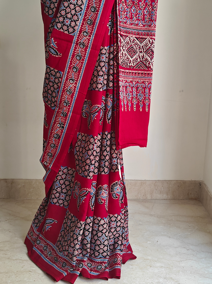 Red Ajrakh Handblock Printed Mull Cotton Saree