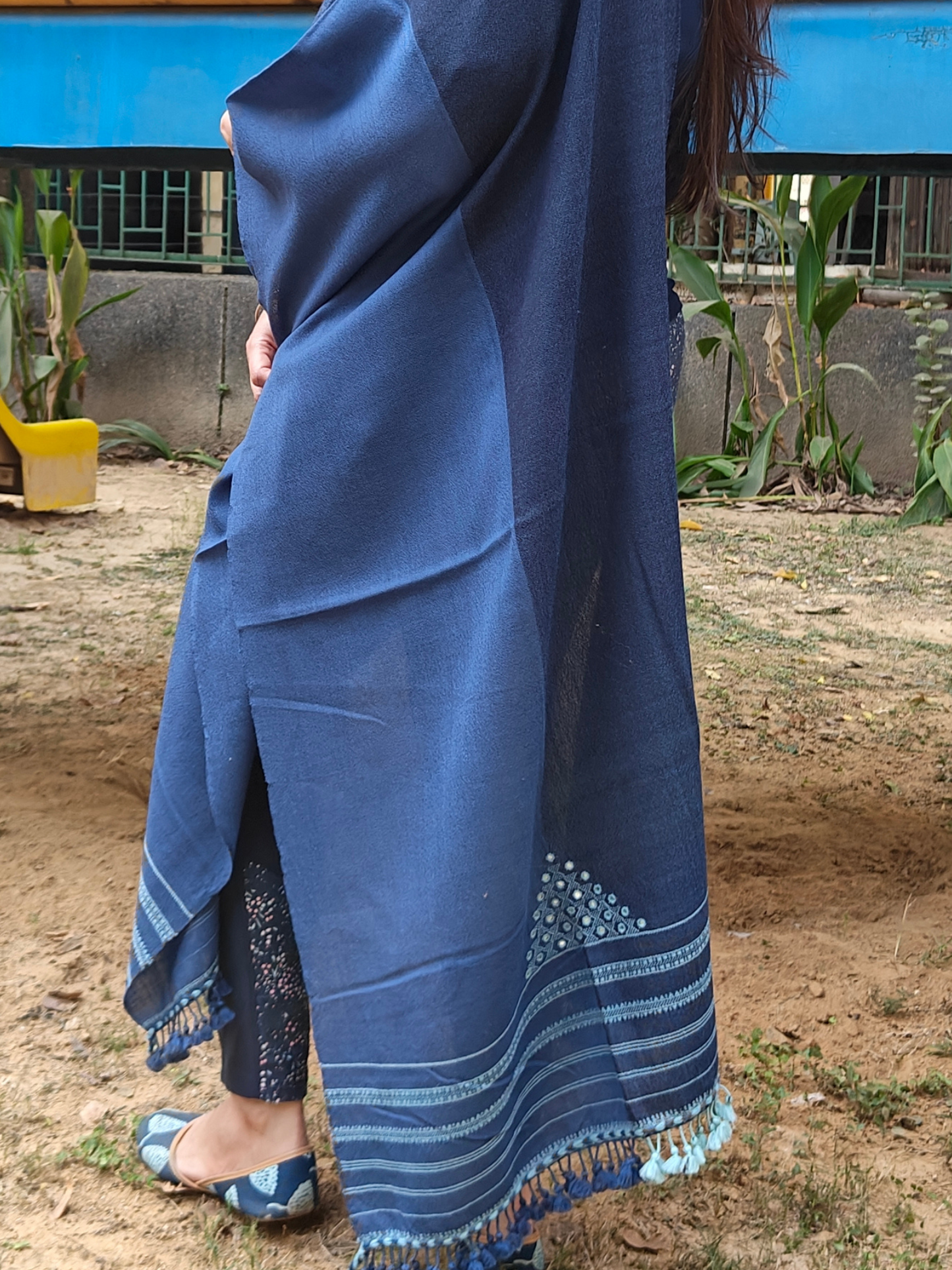 Indigo Blue Half & Half Handwoven Woollen Stole with Handembroidery & Mirror Work