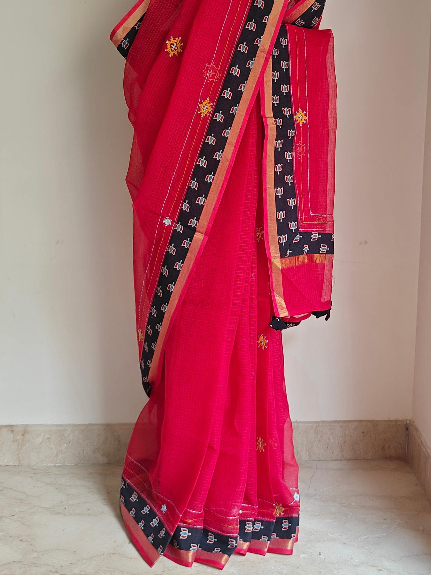 Red Kota Patchwork Hand Embroidered Saree