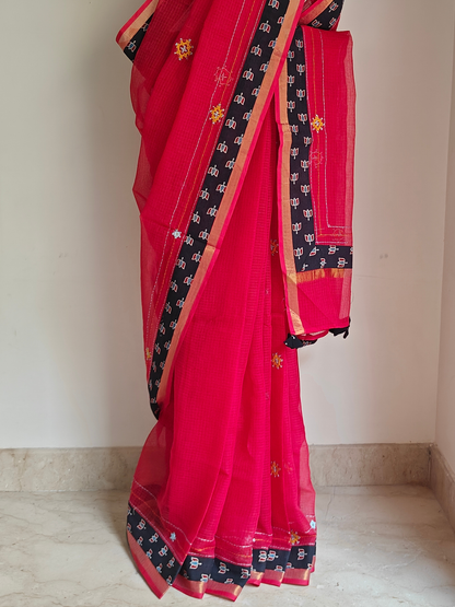 Red Kota Patchwork Hand Embroidered Saree