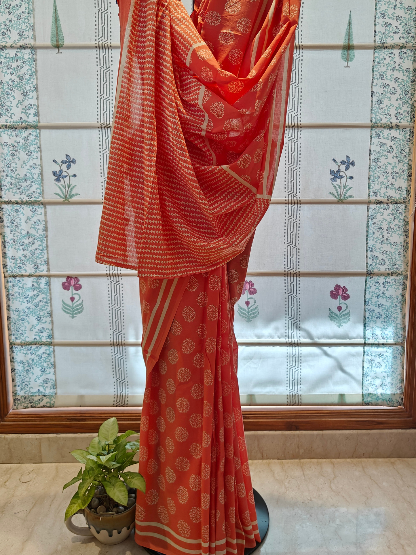 Peach Coral Handblock Printed Mull Cotton Saree