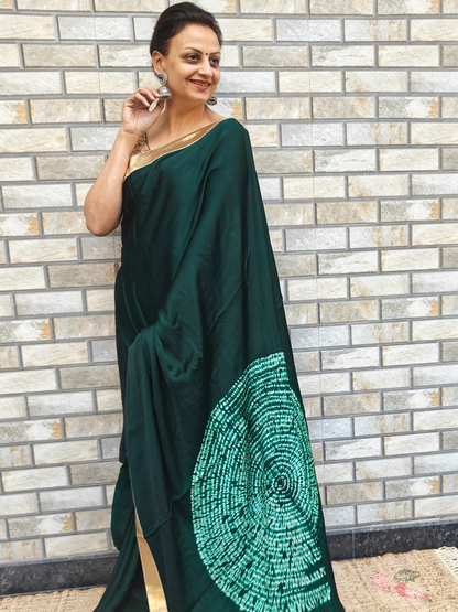 Bottle Green Shibori Pallu Modal Silk Cocktail Saree