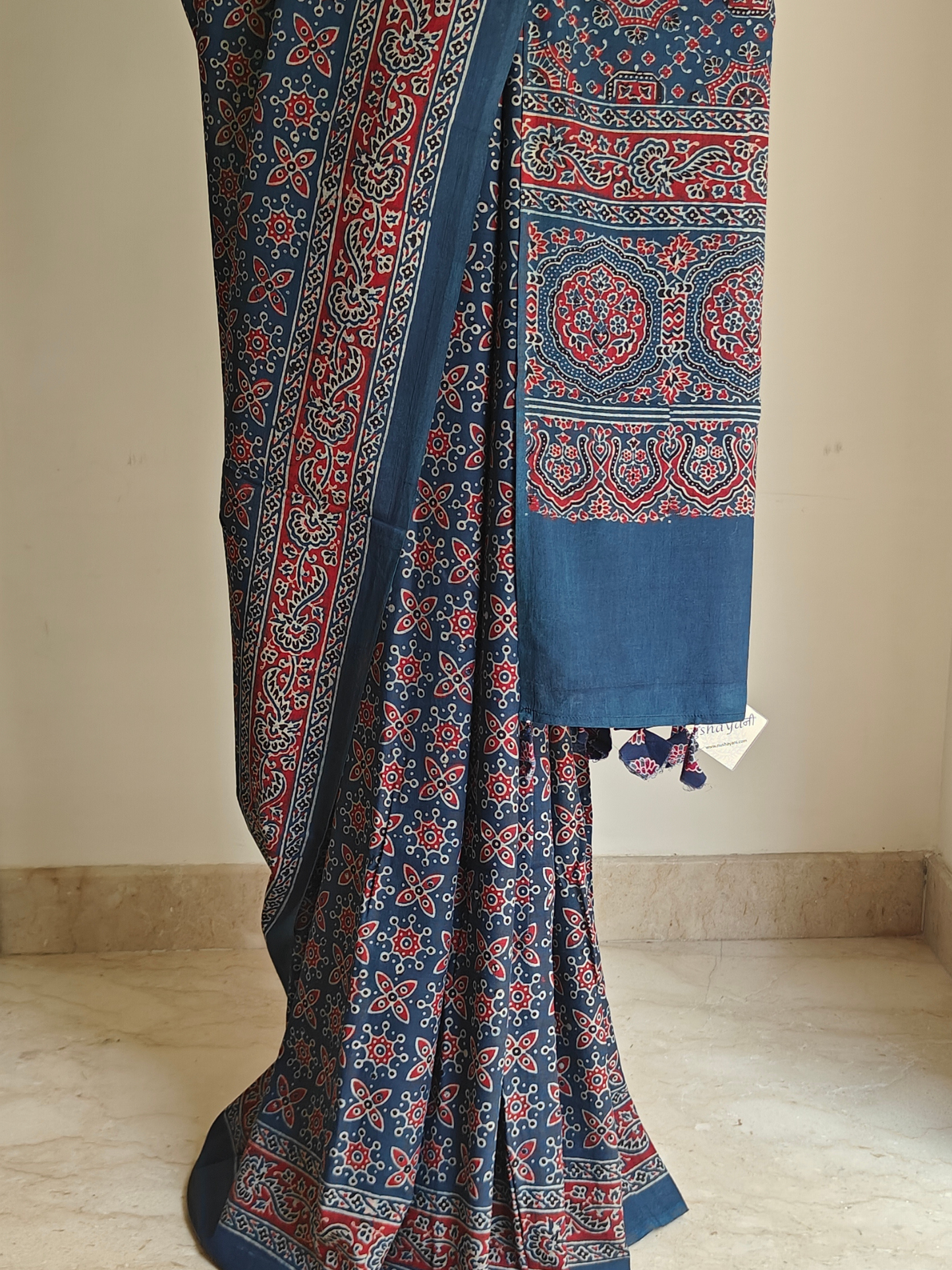 Indigo Ajrakh Handblock Printed Mull Cotton Saree