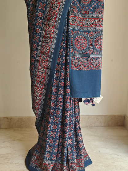 Indigo Ajrakh Handblock Printed Mull Cotton Saree