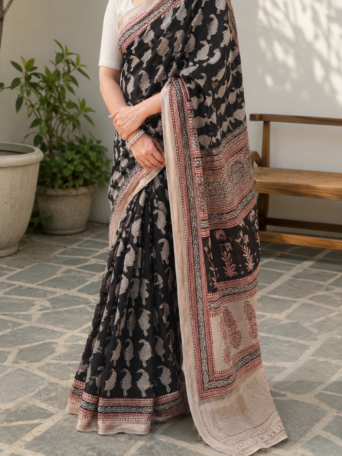 Black Bagh Print Maheshwari Saree