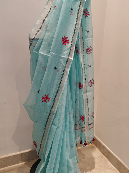 Aqua Blue Kota Hand Embroidered Saree