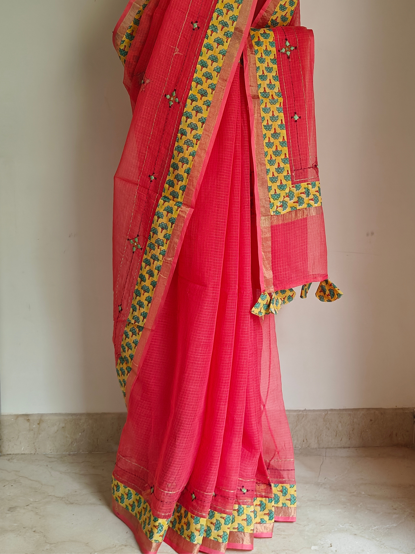 Peach Kota Patchwork Hand Embroidered Saree