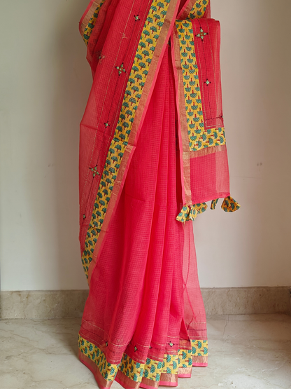 Peach Kota Patchwork Hand Embroidered Saree