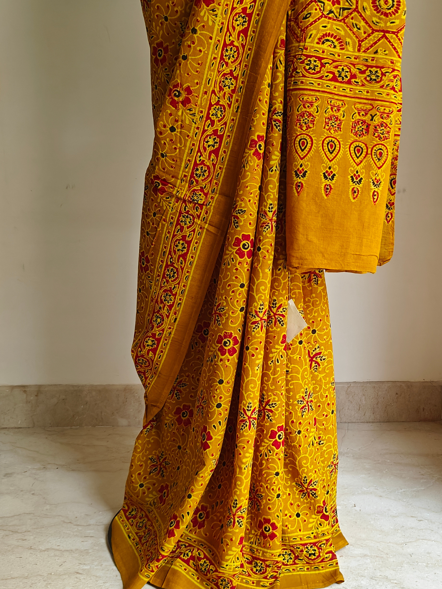 Mustard Ajrakh Handblock Printed Mull Cotton Saree