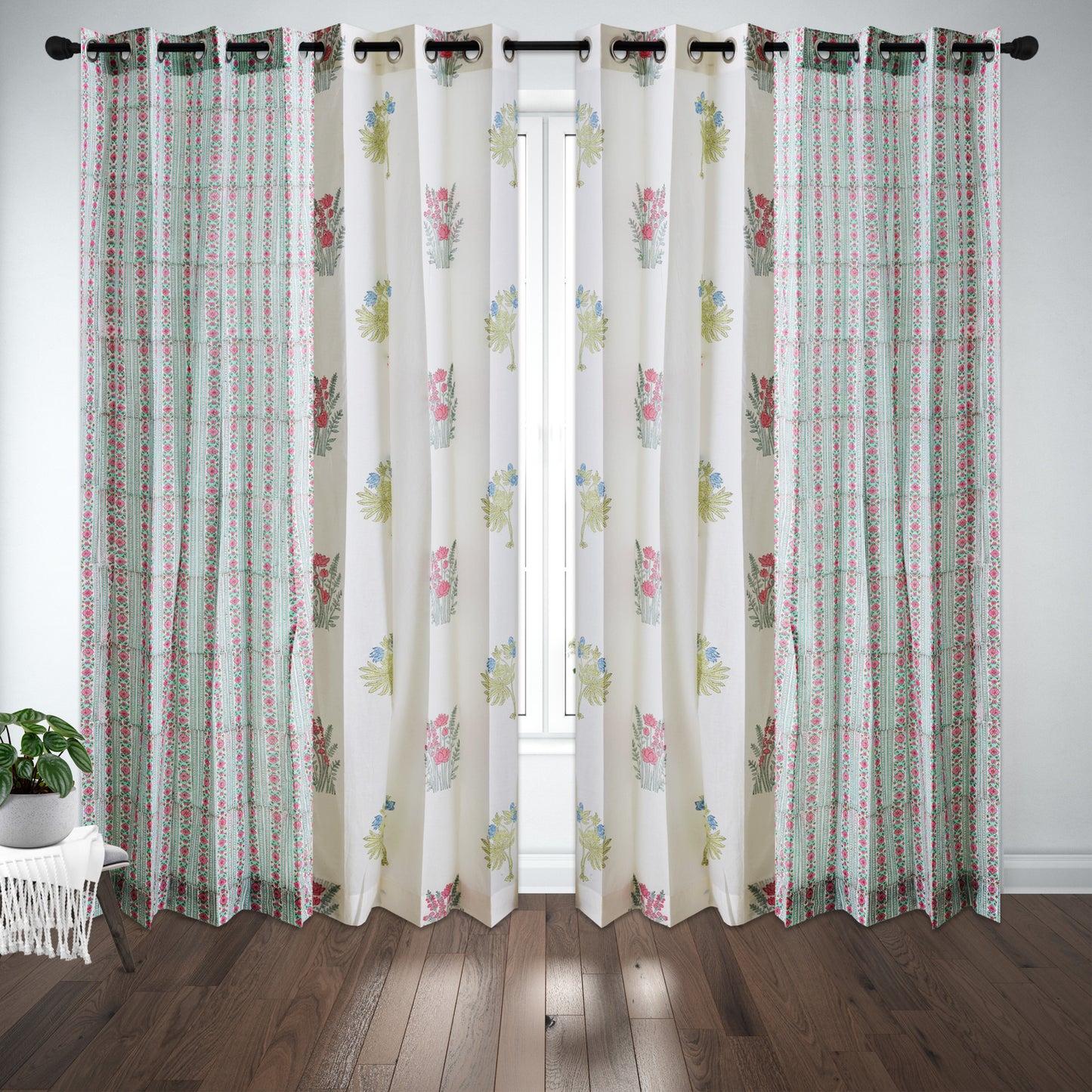 Seagreen and Pink Pattern Jaal with Morning Meadow Boota Cotton Handblock Combo (Set of 4 Curtains)