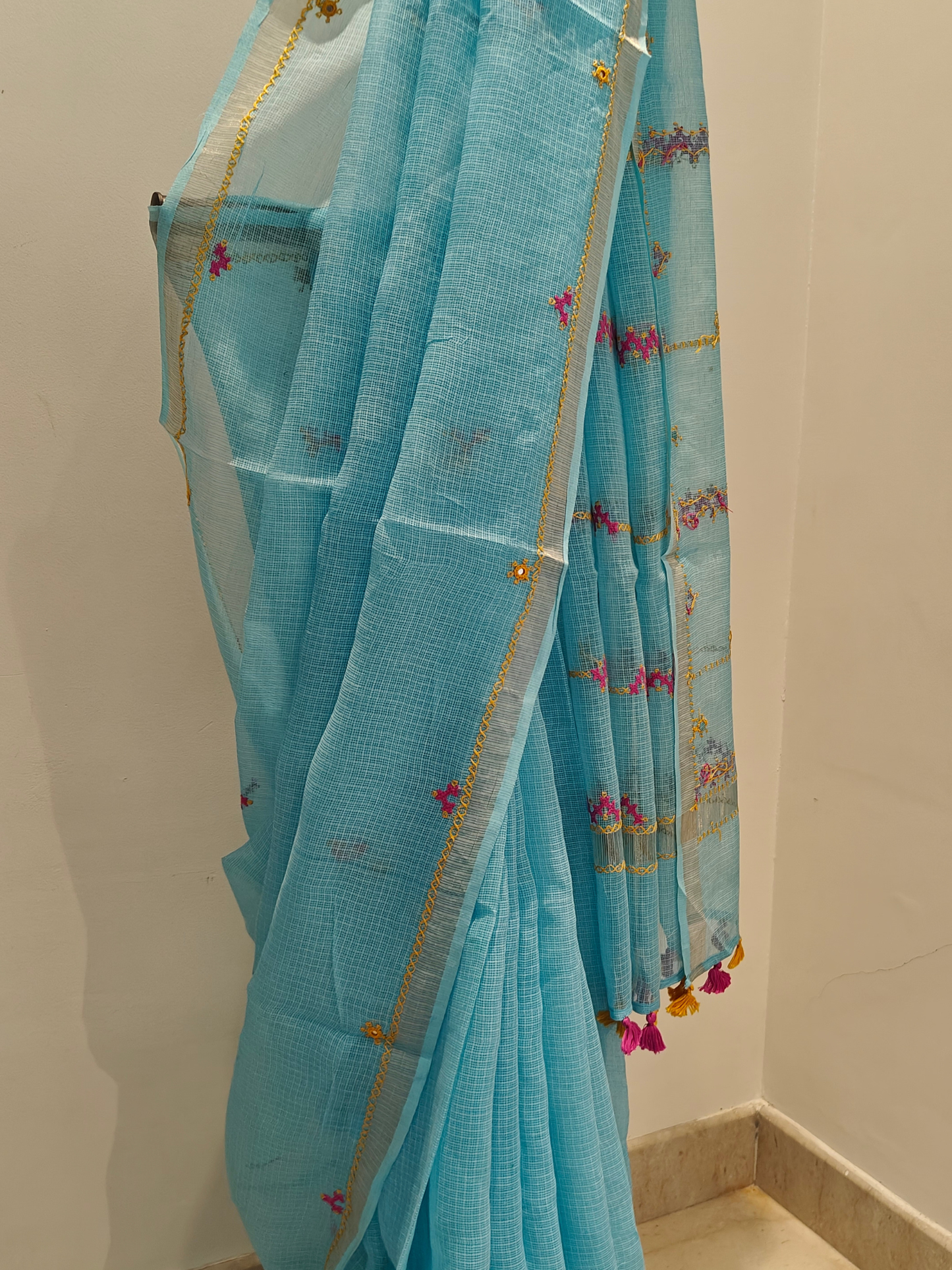 Aqua Blue Kota Hand Embroidered Saree