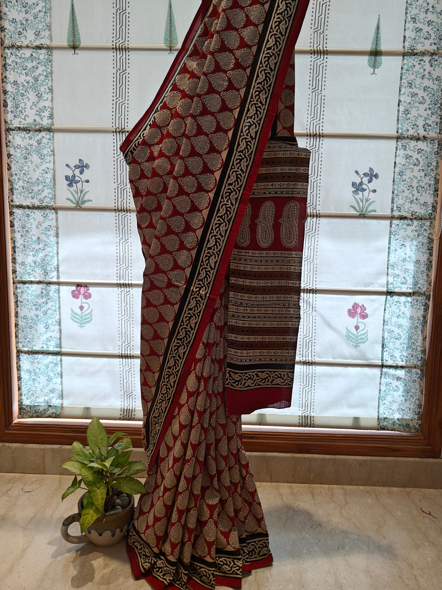 Maroon Bagru Handblock Printed Mull Cotton Saree