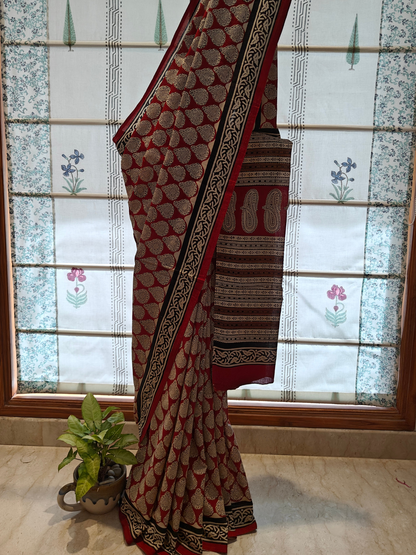 Maroon Bagru Handblock Printed Mull Cotton Saree