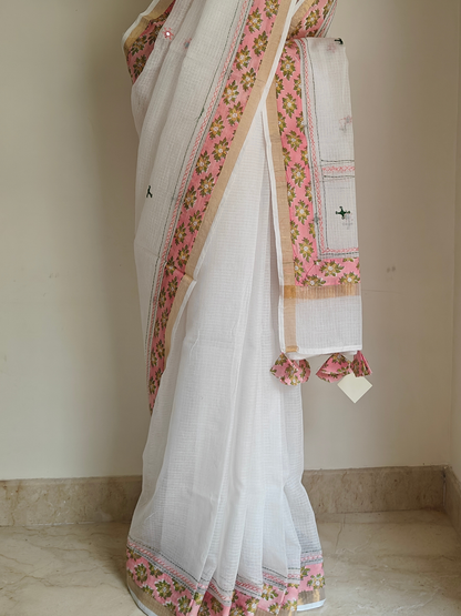 White Kota Patchwork Hand Embroidered Saree