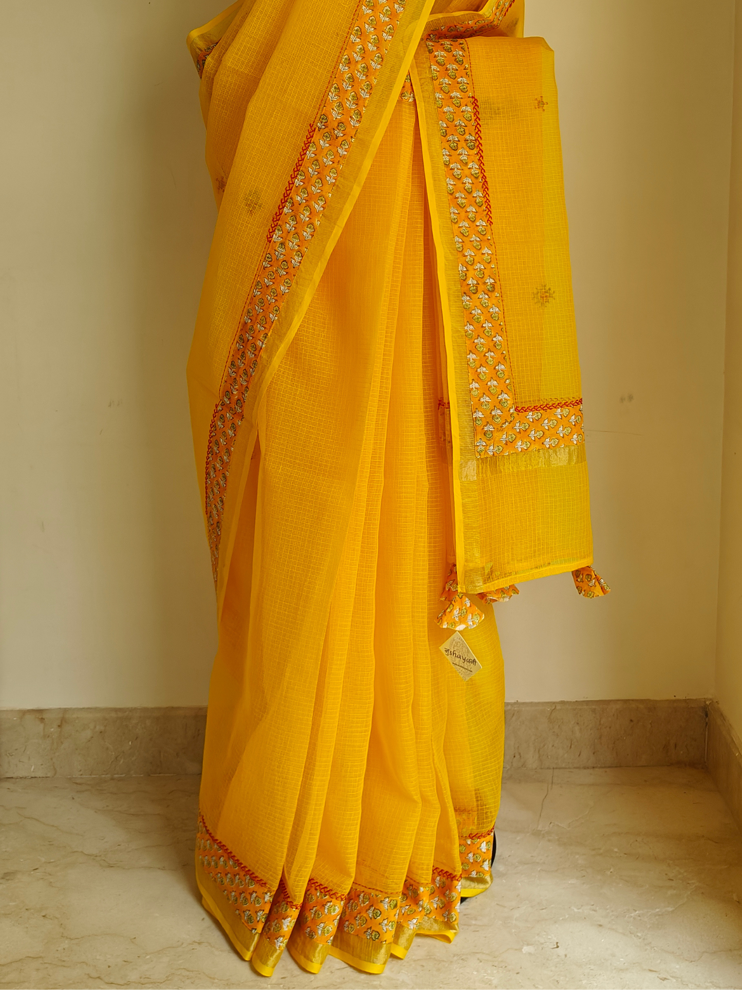 Yellow Kota Patchwork Hand Embroidered Saree