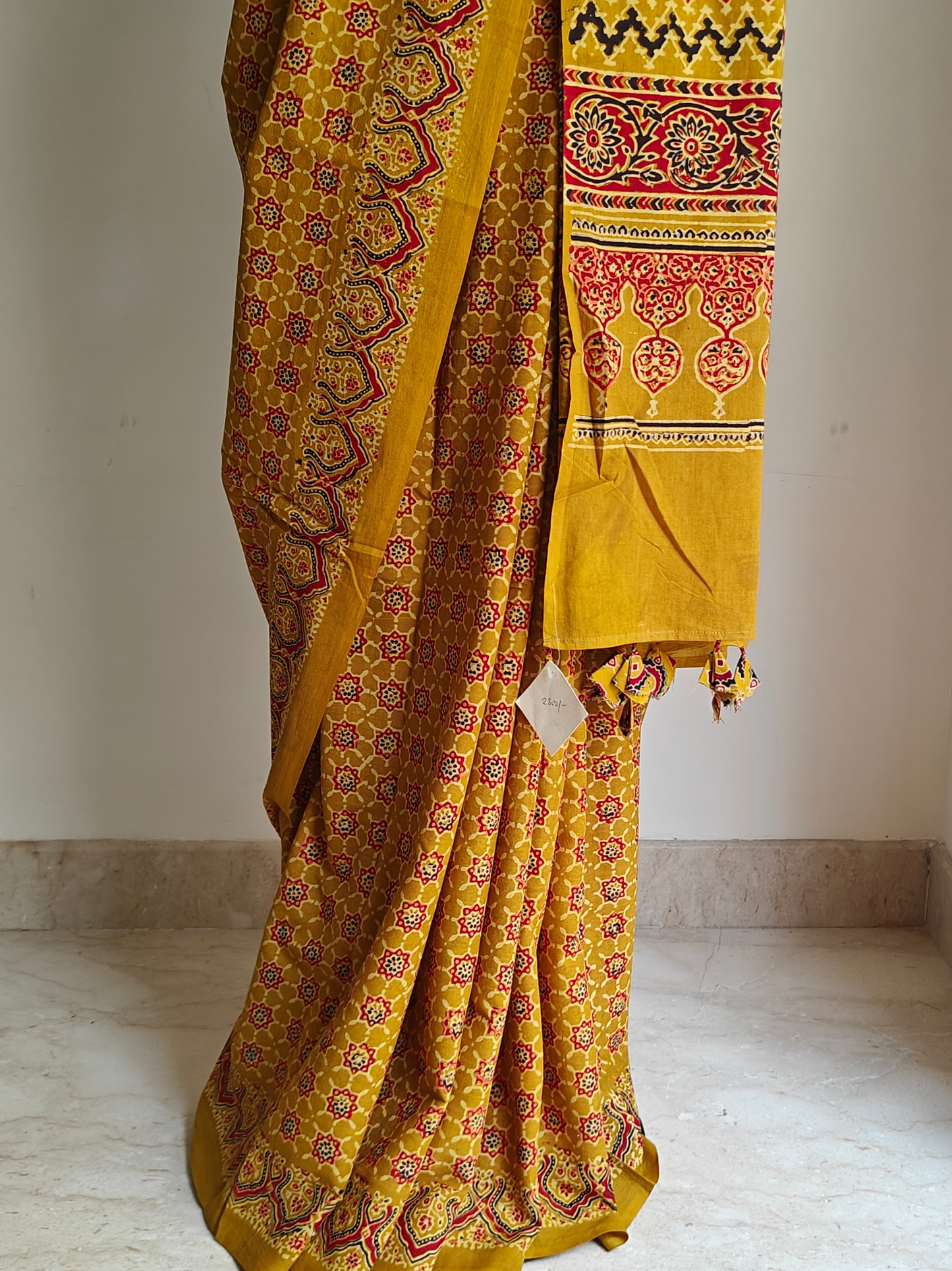 Yellow Ajrakh Handblock Printed Mull Cotton Saree