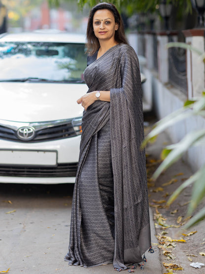 Grey Jaal Modal Silk Ajrakh Block Print Saree
