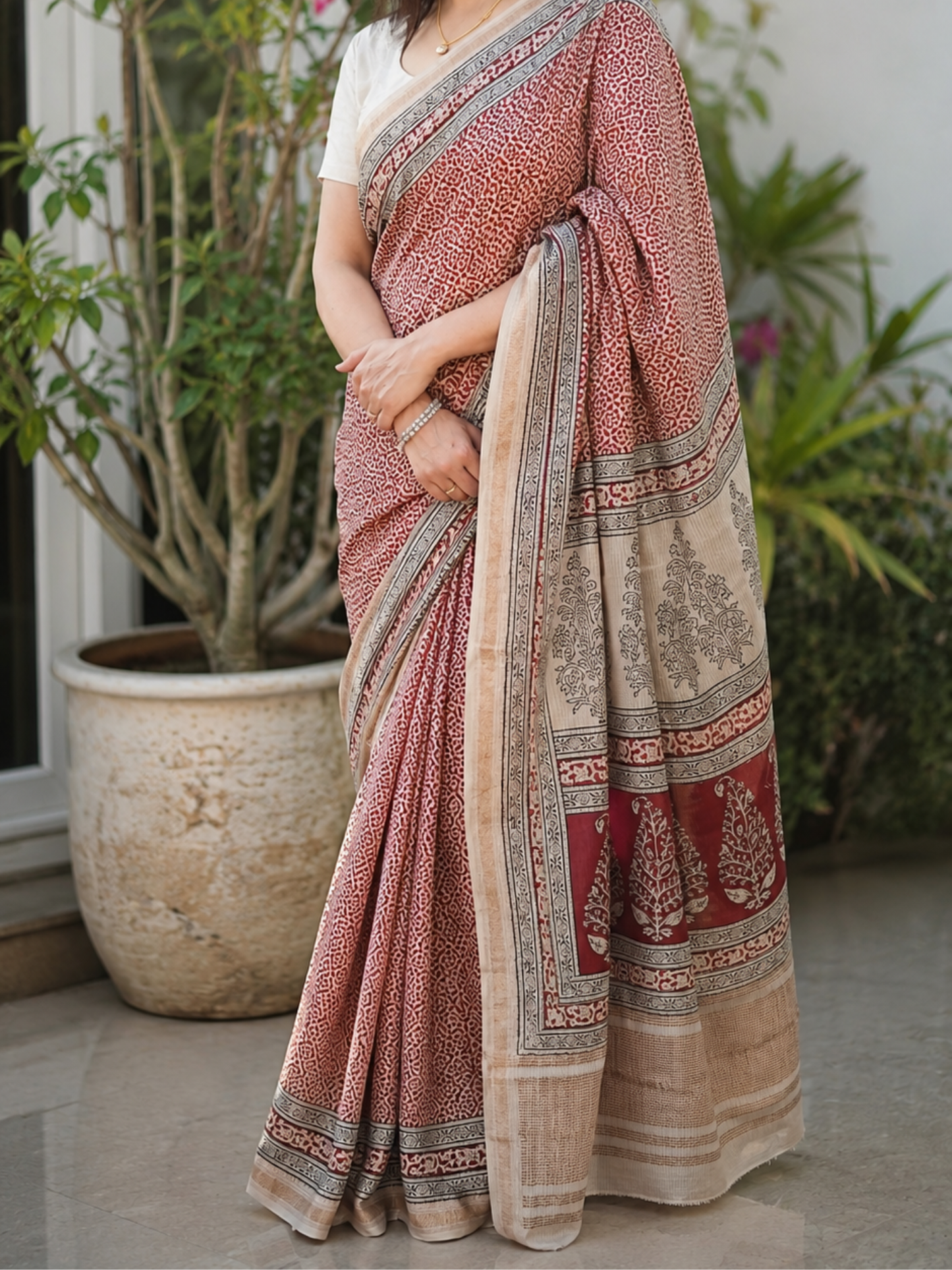 Red Bagh Print Maheshwari Saree