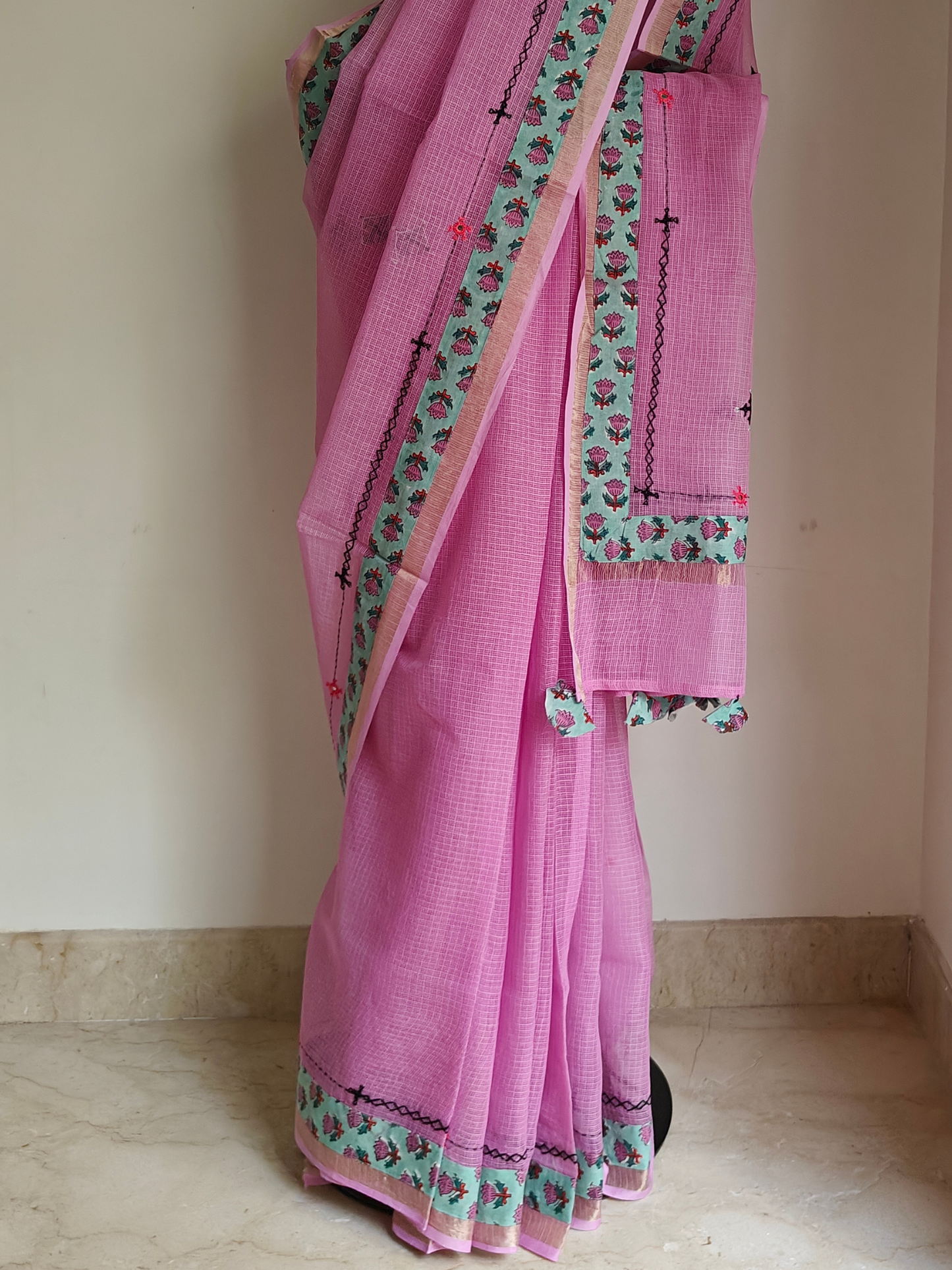 Pink Kota Patchwork Hand Embroidered Saree