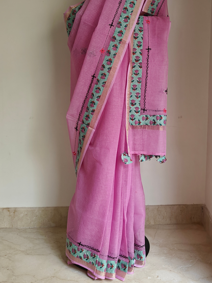 Pink Kota Patchwork Hand Embroidered Saree