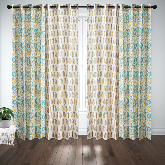 Yellow and Seagreen Jaal with Yellow Paisley Cotton Handblock Combo (Set of 4 Curtains)