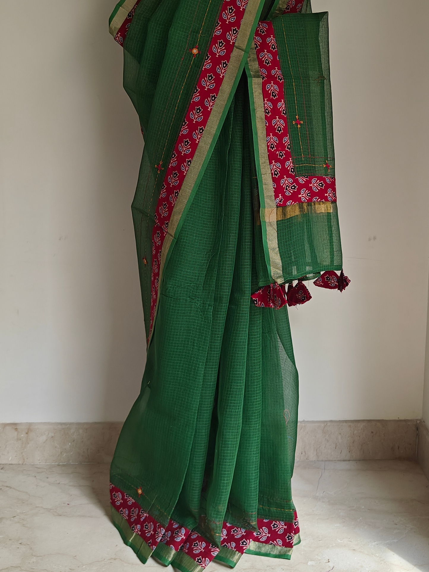 Green Kota Patchwork Hand Embroidered Saree