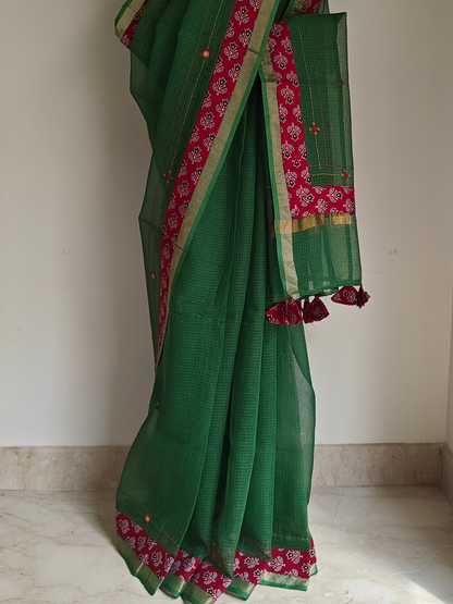 Green Kota Patchwork Hand Embroidered Saree