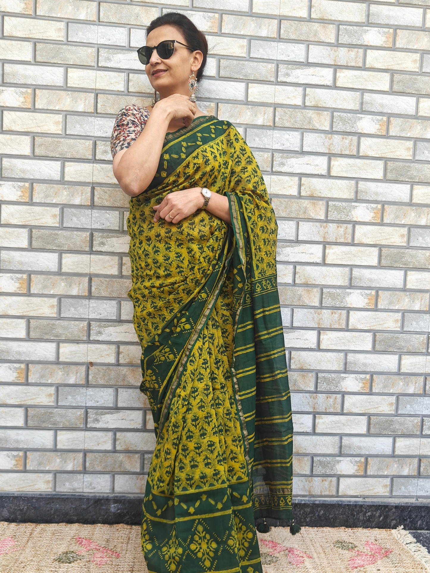 Green-Yellow Dabu Handblock Print Chanderi Saree