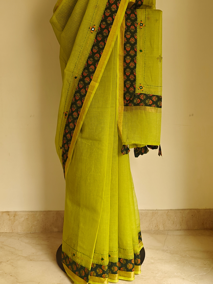 Lime Green Kota Patchwork Hand Embroidered Saree